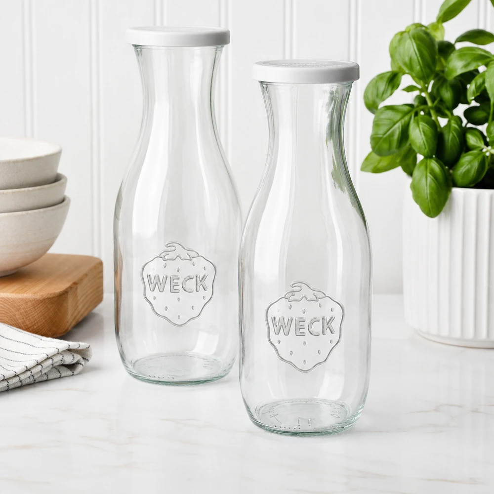 Bottiglia per succhi da 1062 ml con coperchio salva-freschezza WECK RR60 Due bottiglie di succo WECK da 1062 ml con coperchi bianchi in una cucina moderna accanto a ciotole e piante di basilico