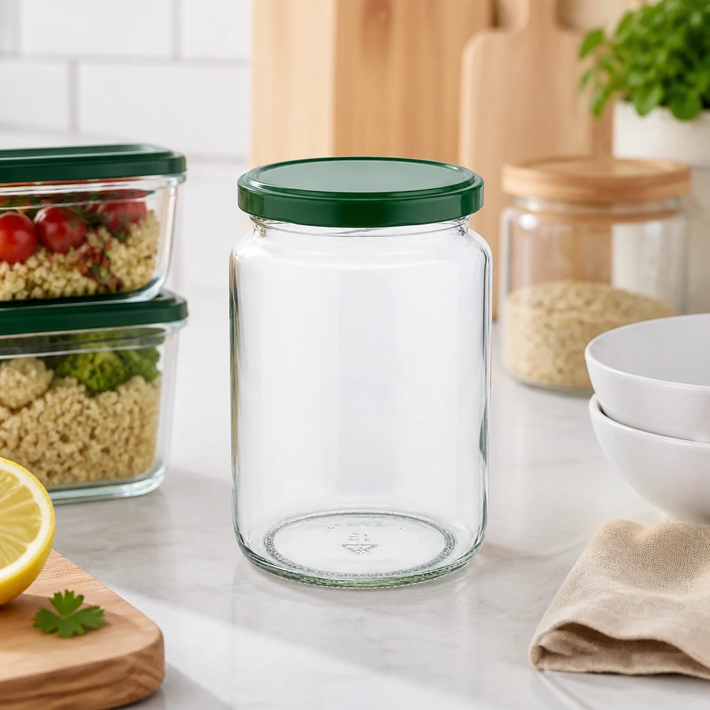 Barattolo rotondo da 795 ml UNiTWIST vuoto con coperchio verde BasicSeal nelle cucine moderne accanto a scatole per la preparazione dei pasti e barattoli di stoccaggio