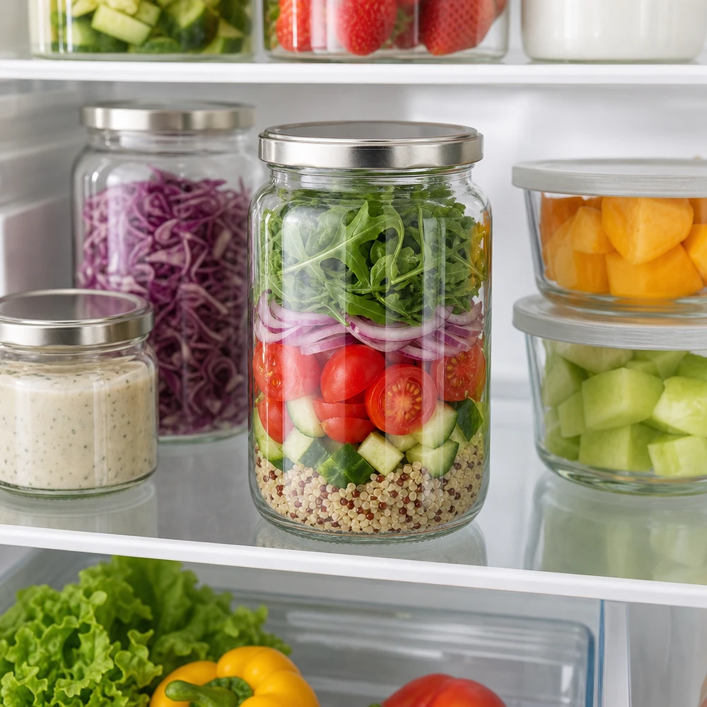 795ml Rundglas mit BasicSeal Deckel silber UNiTWIST 795ml Rundglas mit silbernem BasicSeal Deckel als Meal Prep Behälter im Kühlschrank mit Schichtsalat gefüllt