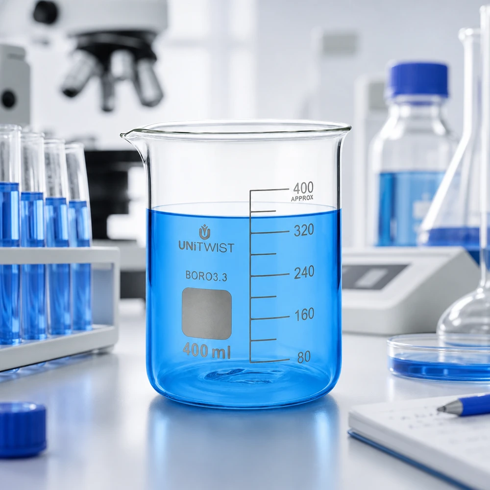 Bicchiere 400ml borosilicato, stampo basso UNiTWIST Becher da laboratorio UNiTWIST da 400 ml a forma bassa con liquido blu su un tavolo da laboratorio bianco