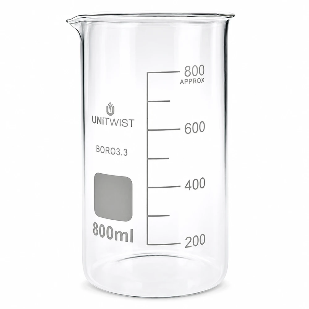 Bicchiere 800ml borosilicato, stampo alto UNITWIST Bicchiere da laboratorio da 800 ml, modello alto, in vetro borosilicato con scala in millilitri di UNITWIST