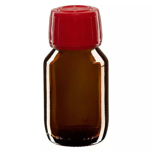 50ml Medizinflasche braun, Verschluss rot mit Originalitätsring ApoGlas
