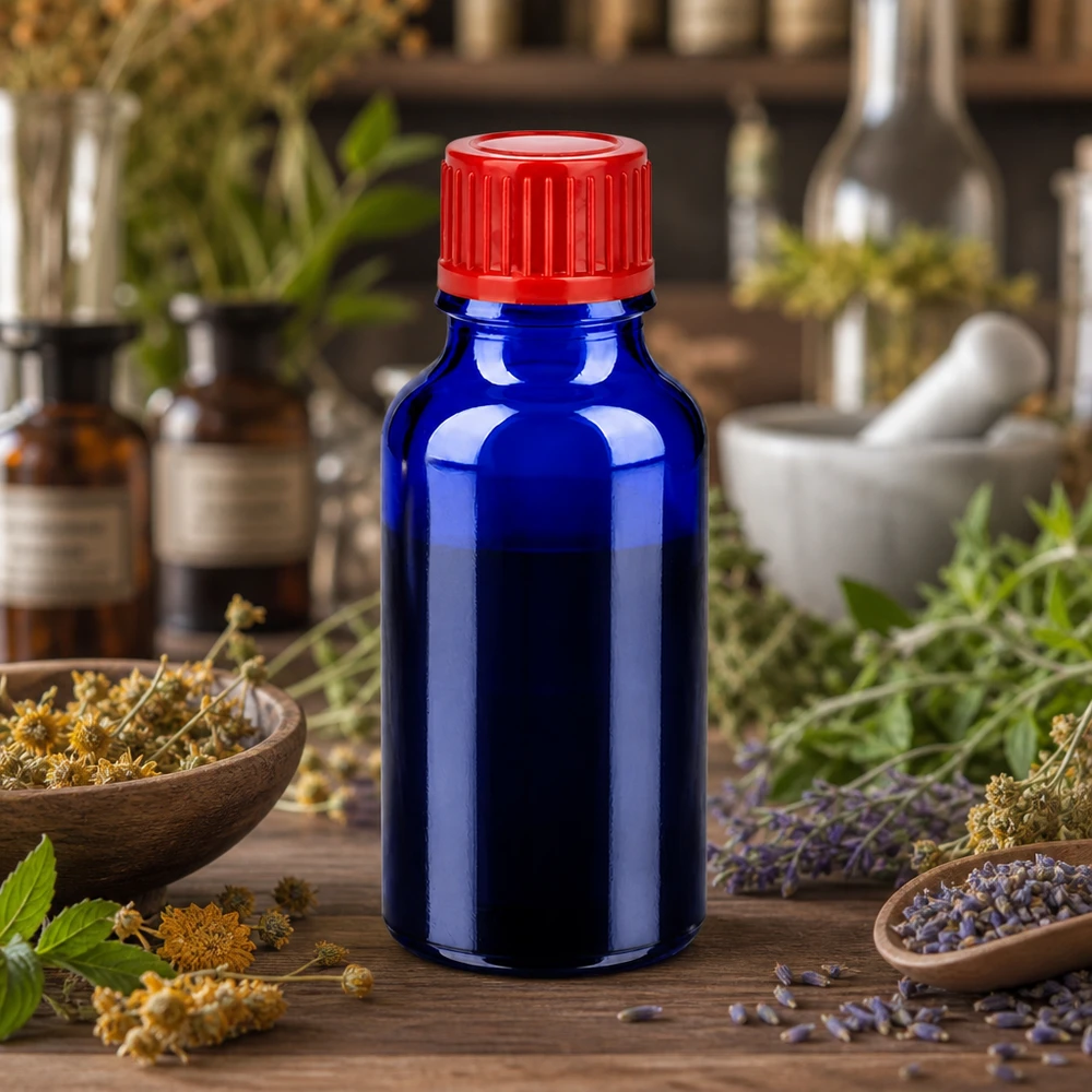 Flacone in vetro blu protetto dalla luce da 20 ml con tappo SV rosso per sostanze sensibili