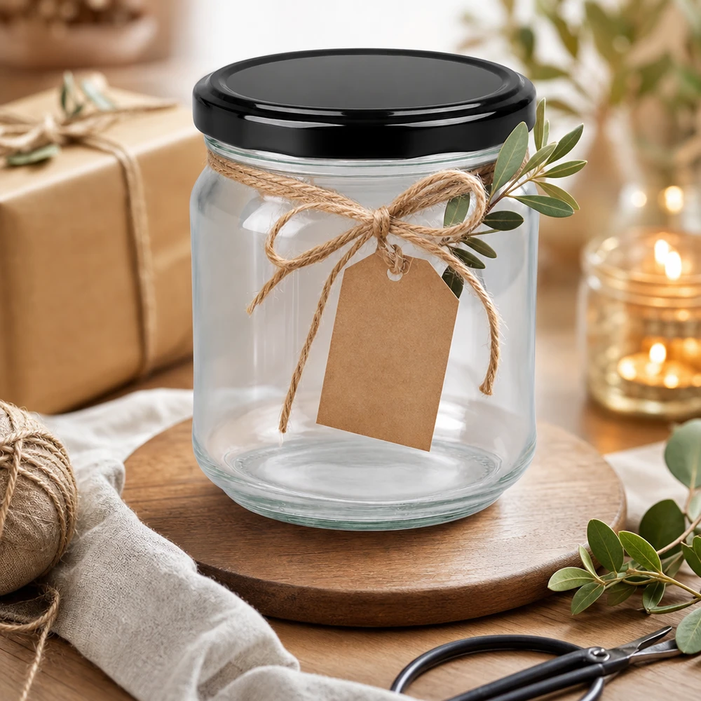 212ml Rundglas + BasicSeal Deckel schwarz TO63 UNiTWIST Vaso rotondo da 212 ml con coperchio nero BasicSeal vuoto, decorato con etichetta regalo in corda di iuta e ramo d'ulivo
