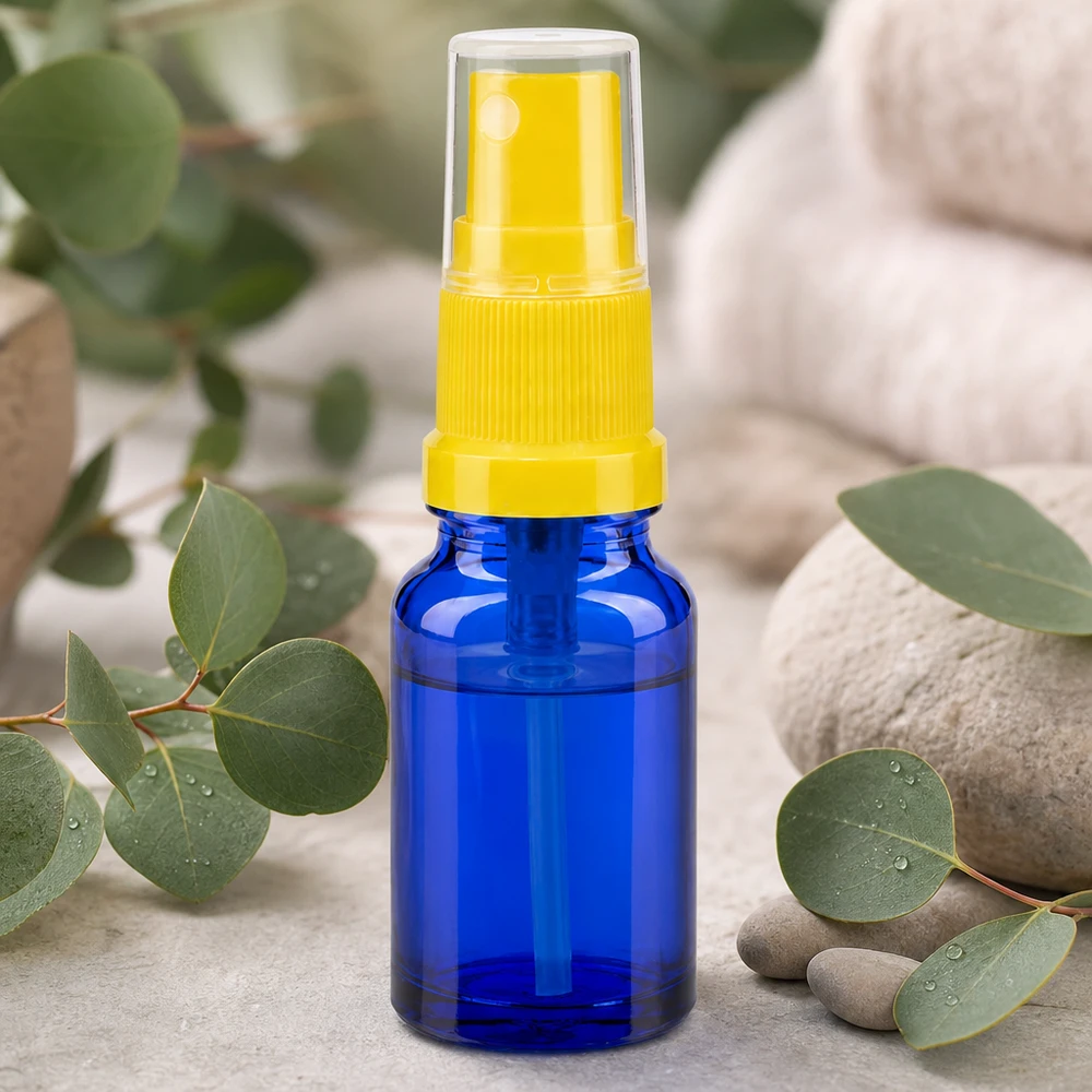 10ml Sprayflasche gelb/transparent Standardverschluss BlueLine UT18/10 10ml Sprühflasche aus UV-Schutzglas mit gelbem Pumpaufsatz für lichtempfindliche Substanzen