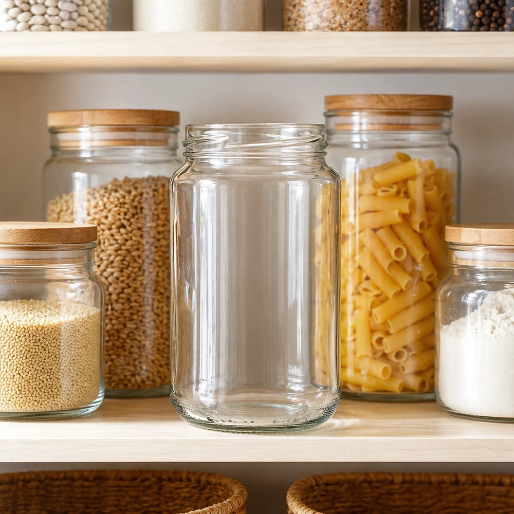 UNiTWIST Runda375 Rundglas 375ml TO63 in organisierter Vorratskammer zwischen gefüllten Aufbewahrungsgläsern mit Pasta u