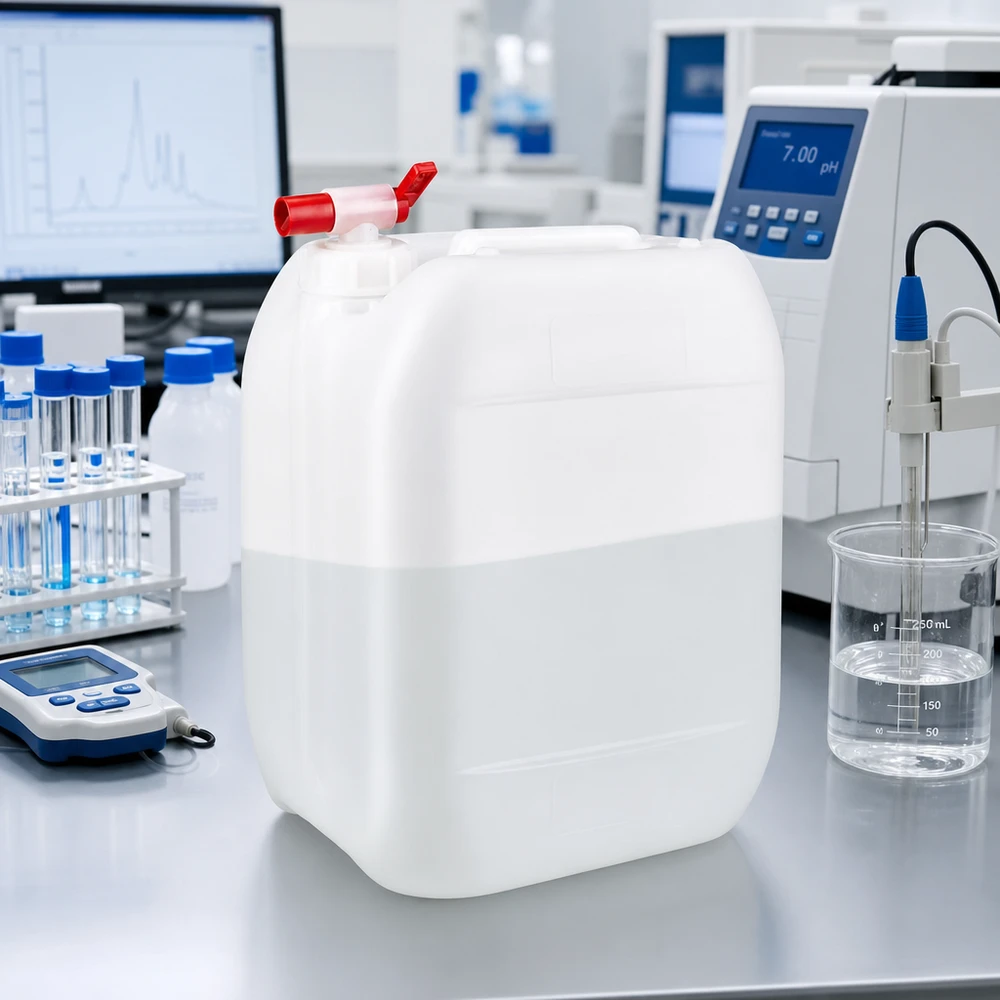 Kanister 10 Liter mit Auslaufhahn Kompakter 10 Liter Flüssigkeitsbehälter mit seitlichem Auslaufhahn im Analytiklabor
