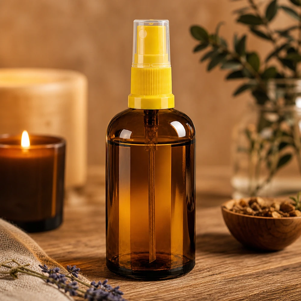 100ml Sprayflasche gelb/transparent Standardverschluss BrownLine UT18/100 Elegante braune Sprayflasche 100ml mit matt-gelben Akzenten für stilvolle Badezimmer