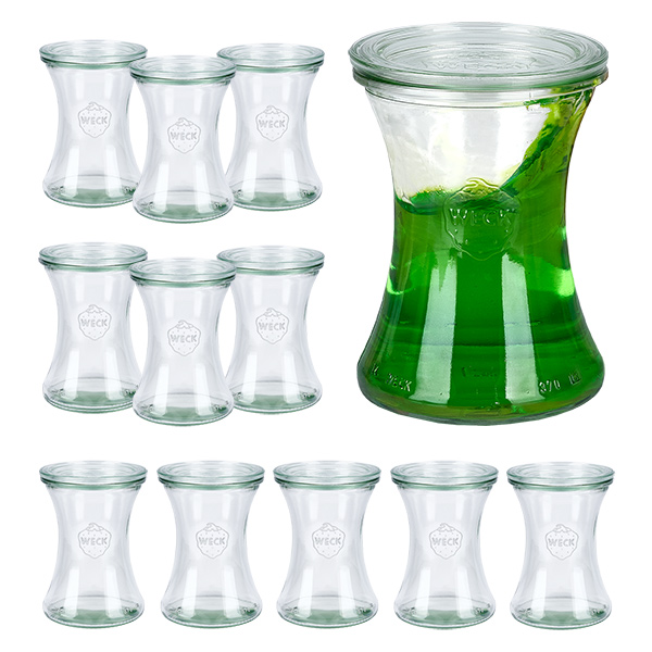 Set di 12 vasetti Weck da 370 ml con 12 coperchi di vetro Set di 12 vasetti Weck da 370 ml con 12 coperchi di vetro