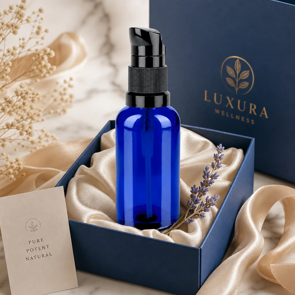 Flacone in vetro premium da 50 ml con pompa nera STD BlueLine UT18/50, protegge dai raggi UV e dall'ossidazione.