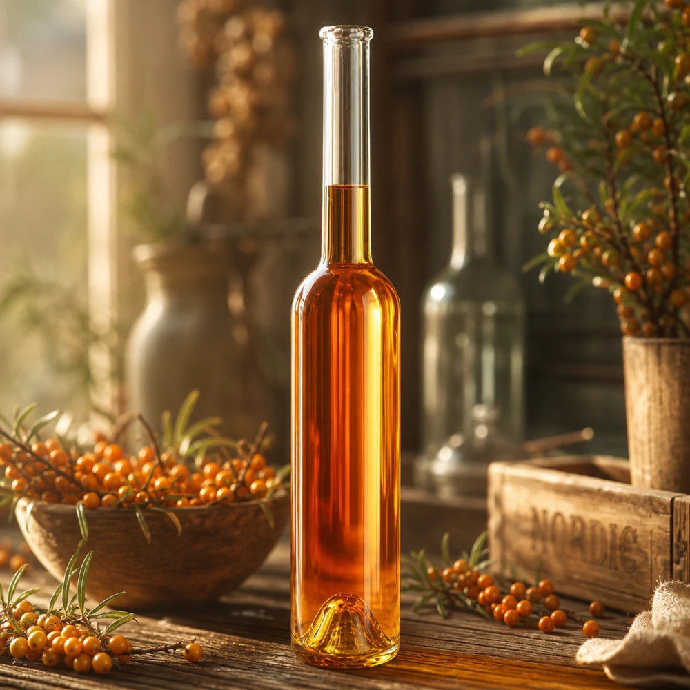 100ml Glasflasche "Hugo" ohne Verschluss UNiTWIST 100ml Glasflasche Hugo mit Sanddornlikör befüllt Dekoration Küche natürliche Obstbrände UNiTWIST Produktbild 4