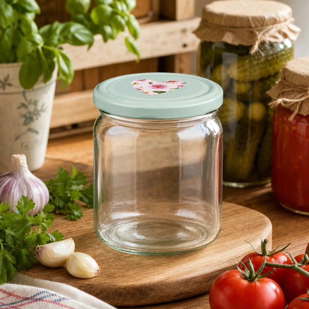 Barattolo rotondo da 408 ml + coperchio BasicSeal cuore menta UNiTWIST Vaso rotondo da 408 ml con coperchio a cuore BasicSeal, menta vuota su tavoletta di legno, ambiente cucina con pomodori, erbe aromatiche e barattoli da conserva