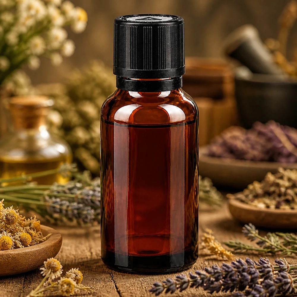 Apothekenflasche braun 20ml Tropfer Giessring 1mm schwarz Kindersicherung Blindenwarnsymbol Originalitätsverschluss Apothekenglas 20ml bernsteinfarben mit Originalitätsverschluss und getrocknetem Lavendel