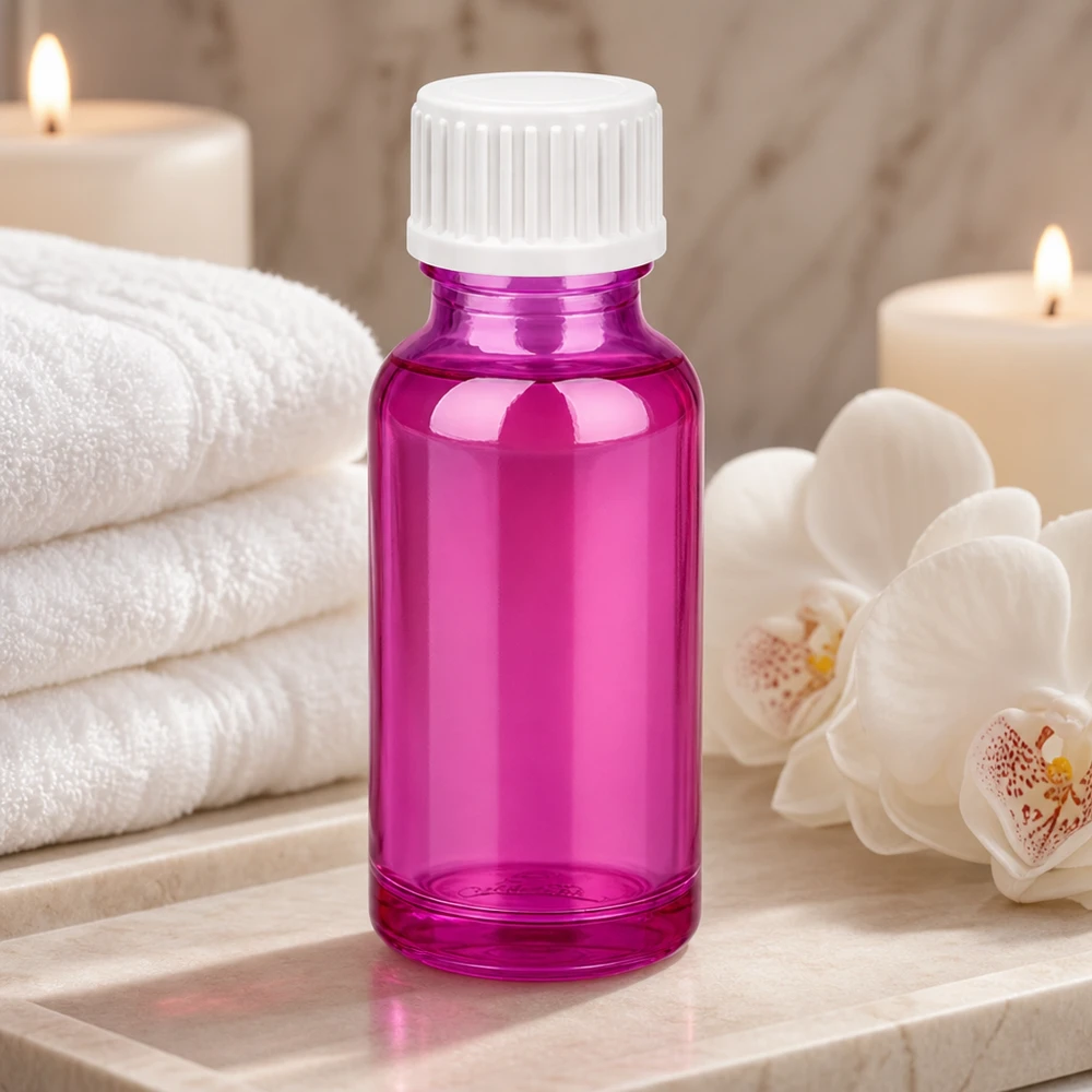 20ml (Globuli)Flasche 3mm Giessring weiß Standard PurpleLine.UT18/20 20ml Premium Glasflasche in leuchendem Purpur für mobile Aromatherapie unterwegs