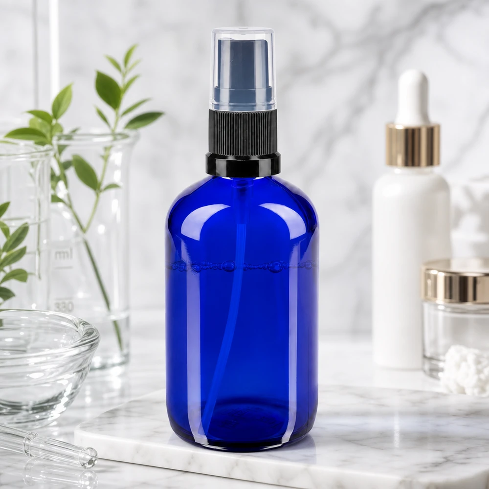 Apothekenflasche blau 100ml Sprayaufsatz schwarz Professionelle 100ml Apotheker Sprayflasche in Blau mit Zerstäuber für Kosmetik und Pharmazie