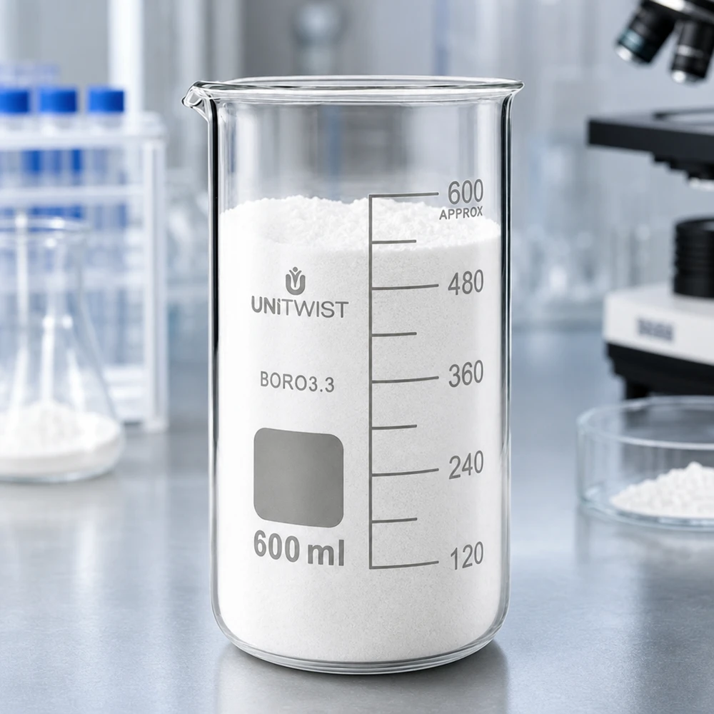 Bicchiere 600ml borosilicato, stampo alto UNITWIST Vaso di vetro UNITWIST da 600 ml, modello alto, riempito di polvere bianca su un piano di lavoro da laboratorio