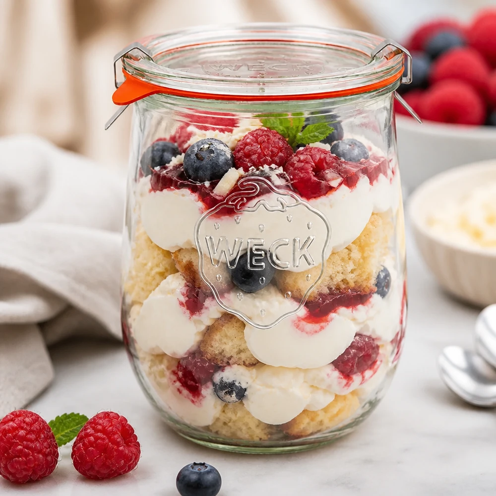 Vaso a tulipano completo da 1062 ml WECK RR100 WECK vaso a tulipano 1062ml RR100 come vaso da dessert per trifle con frutti di bosco, crema e base di torta in un dessert a strati
