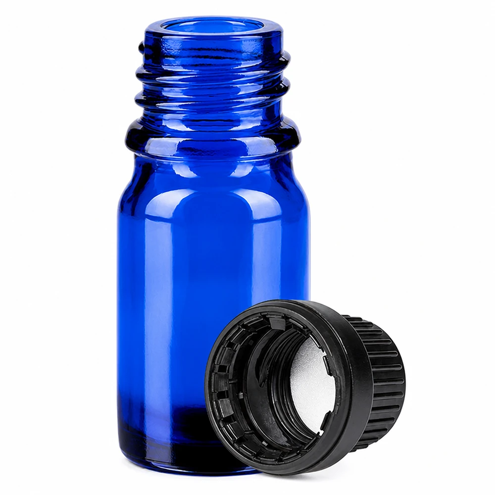 Bottiglia professionale in vetro blu da 5 ml con tappo nero per applicazioni di laboratorio BlueLine