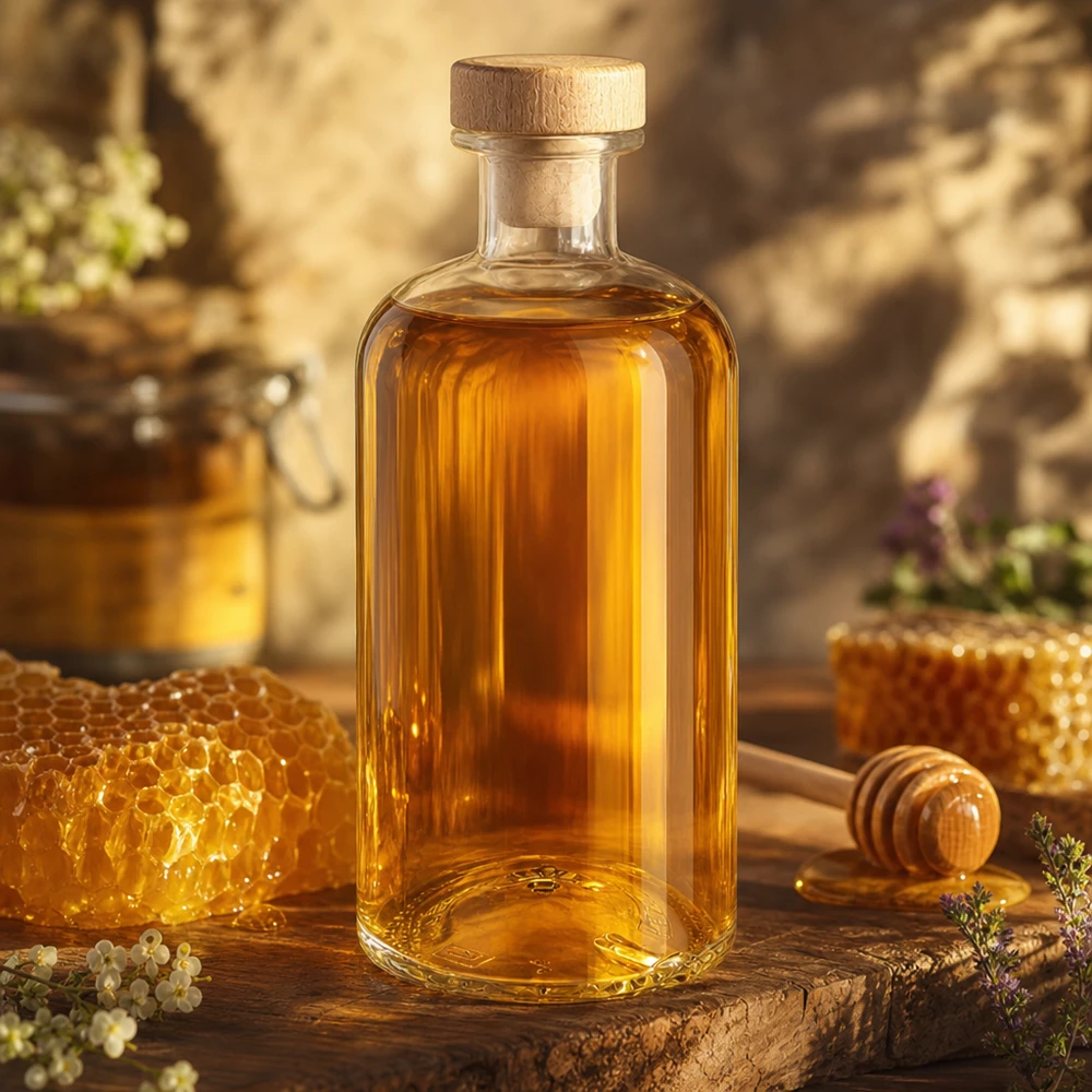 Flora, bottiglia di vetro da 500 ml riempita di miele, accanto a favo e a un salsiera su una tavola di legno rustica, in una luce calda.