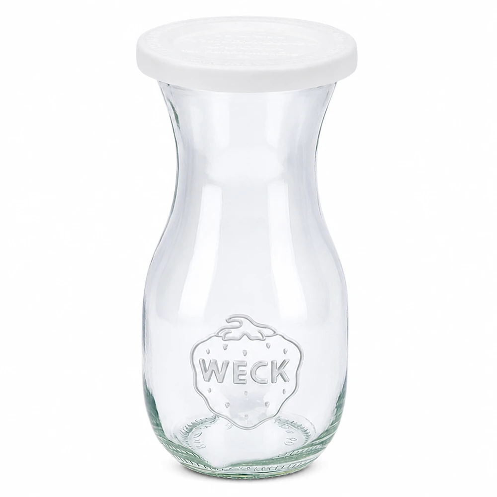 Bottiglia per succhi da 290 ml con tappo salva-freschezza WECK RR60 Bottiglia di succo WECK da 290 ml con coperchio bianco RR60 in vetro trasparente con logo in rilievo