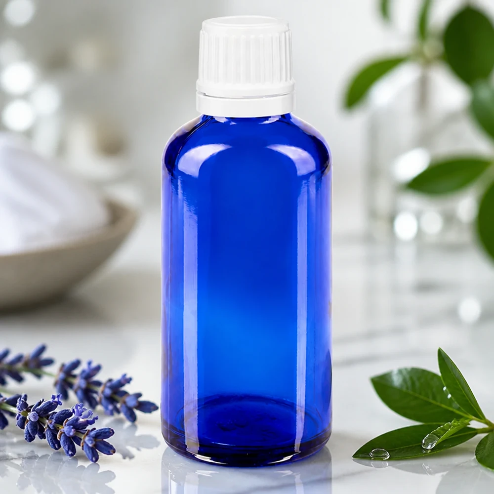 Apothekenflasche blau 50ml Schraubverschluss weiß Originalitätsverschluss Blaue Tropfflasche 50ml Apoglas mit weißem SV OV Verschluss für Naturkosmetik geeignet