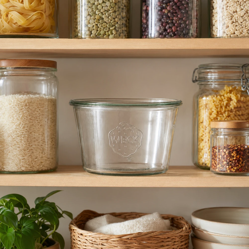 370ml WECK Sturzglas RR100 in Küchenregal mit Vorratsgläsern für Lebensmittel und nachhaltige Aufbewahrung