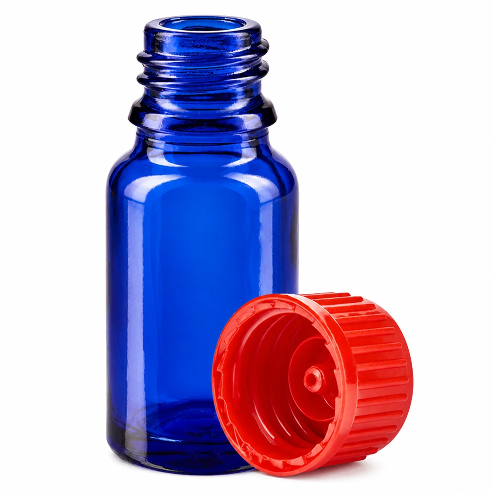 10ml Flasche 11mm Schraubverschluss rot Standard BlueLine UT18/10 Robuste blaue Glasflasche 10ml mit Kunststoffverschluss für chemische Reagenzien