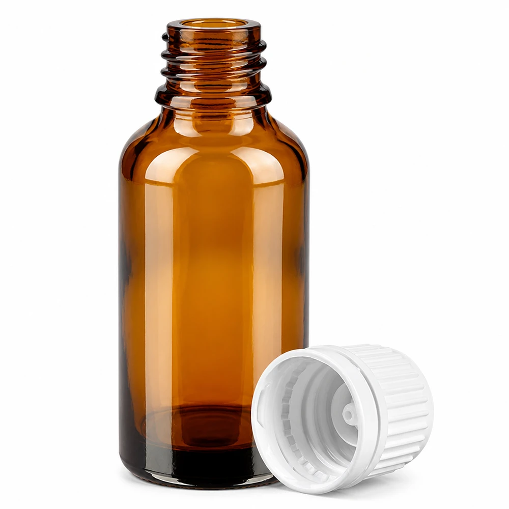 30ml Flasche 11mm Schraubverschluss weiß Originalitätsverschluss BrownLine UT18/30 Präzise 30ml Glasflasche mit 11mm Gewinde und tamper evident Verschluss in Weiß