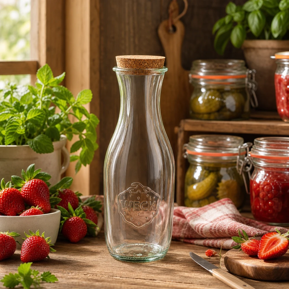 1062ml Saftflasche WECK RR60 mit Korken natur WECK Glasflasche 1062ml in rustikaler Küche mit frischen Erdbeeren und Einmachgläsern dekorativ arrangiert