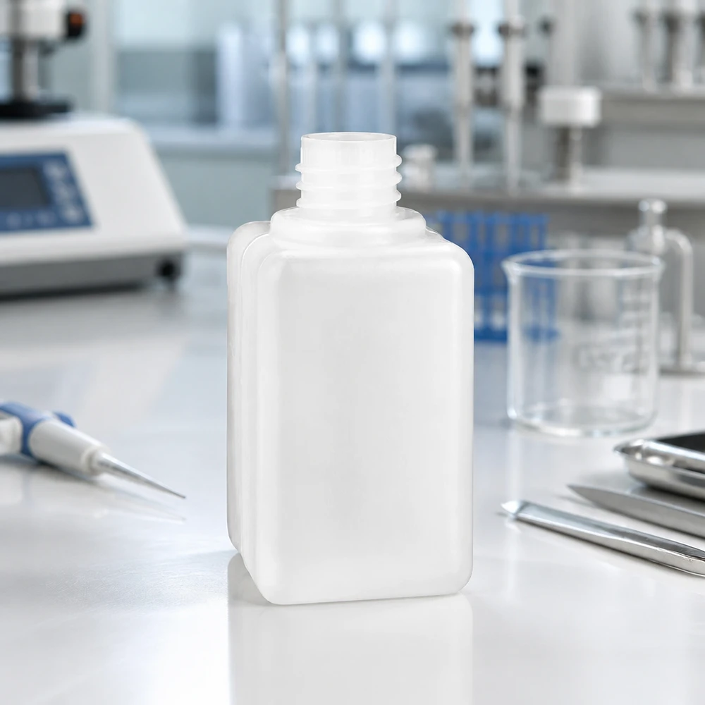 Flacon robuste en PE-HD de 50 ml avec goulot étroit GL 18 pour un dosage précis des produits chimiques de laboratoire