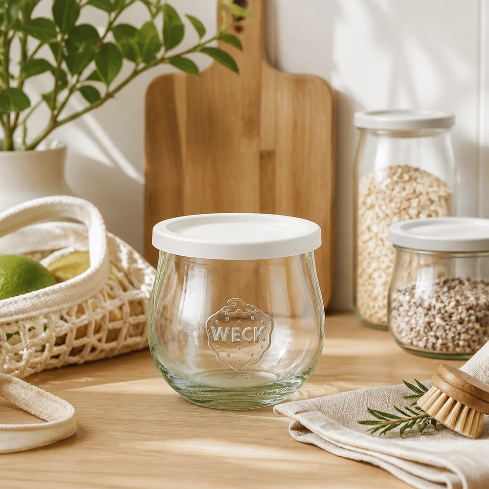 Vaso a tulipano da 370 ml con coperchio a tenuta ermetica WECK RR80 Vaso a tulipano WECK 370ml RR80 decorativamente allestito in un'atmosfera di cucina naturale con utensili in legno e barattoli di stoccaggio