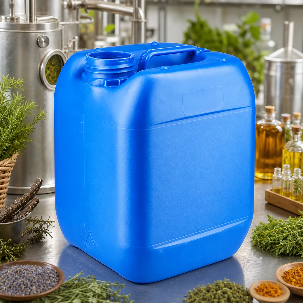 Bidon 5 litres bleu sans bouchon Bidon en plastique bleu de 5 litres sans bouchon, entouré d'herbes et d'huiles essentielles
