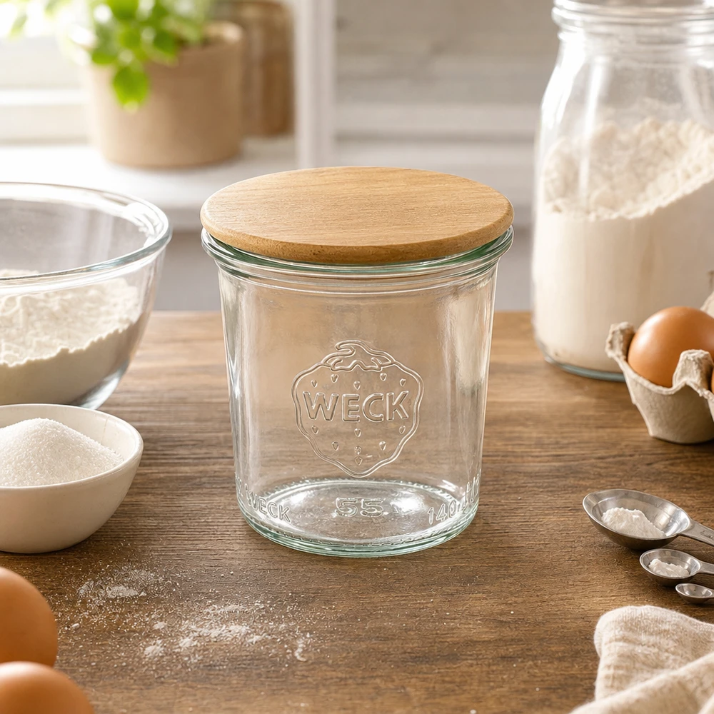 140ml Sturzglas WECK RR60 mit Holzdeckel WECK Sturzglas 140ml RR60 mit Holzdeckel in Backküche mit Mehl Eiern und Backzutaten für Vorratshaltung