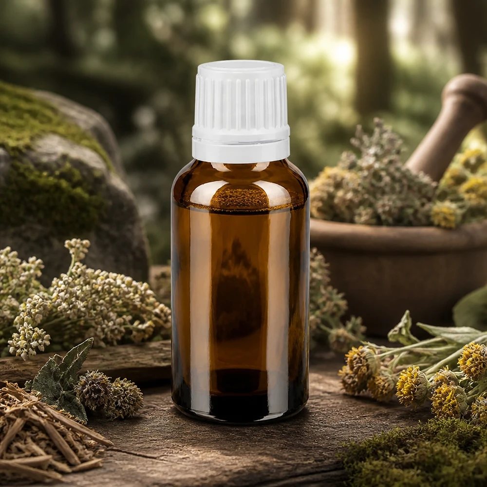 Hochwertige 20ml Braunglas Dosiererflasche mit OV für Aromatherapie auf rustikalem Holzuntergrund