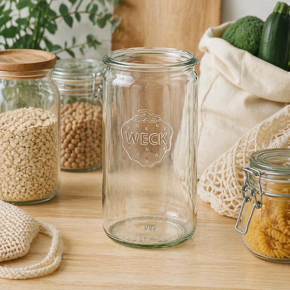 Barattolo di vetro cilindrico WECK RR60 da 340 ml Vaso cilindrico WECK da 340 ml RR60 in cucina sostenibile a spreco zero con vasi di stoccaggio e sacchetti di cotone