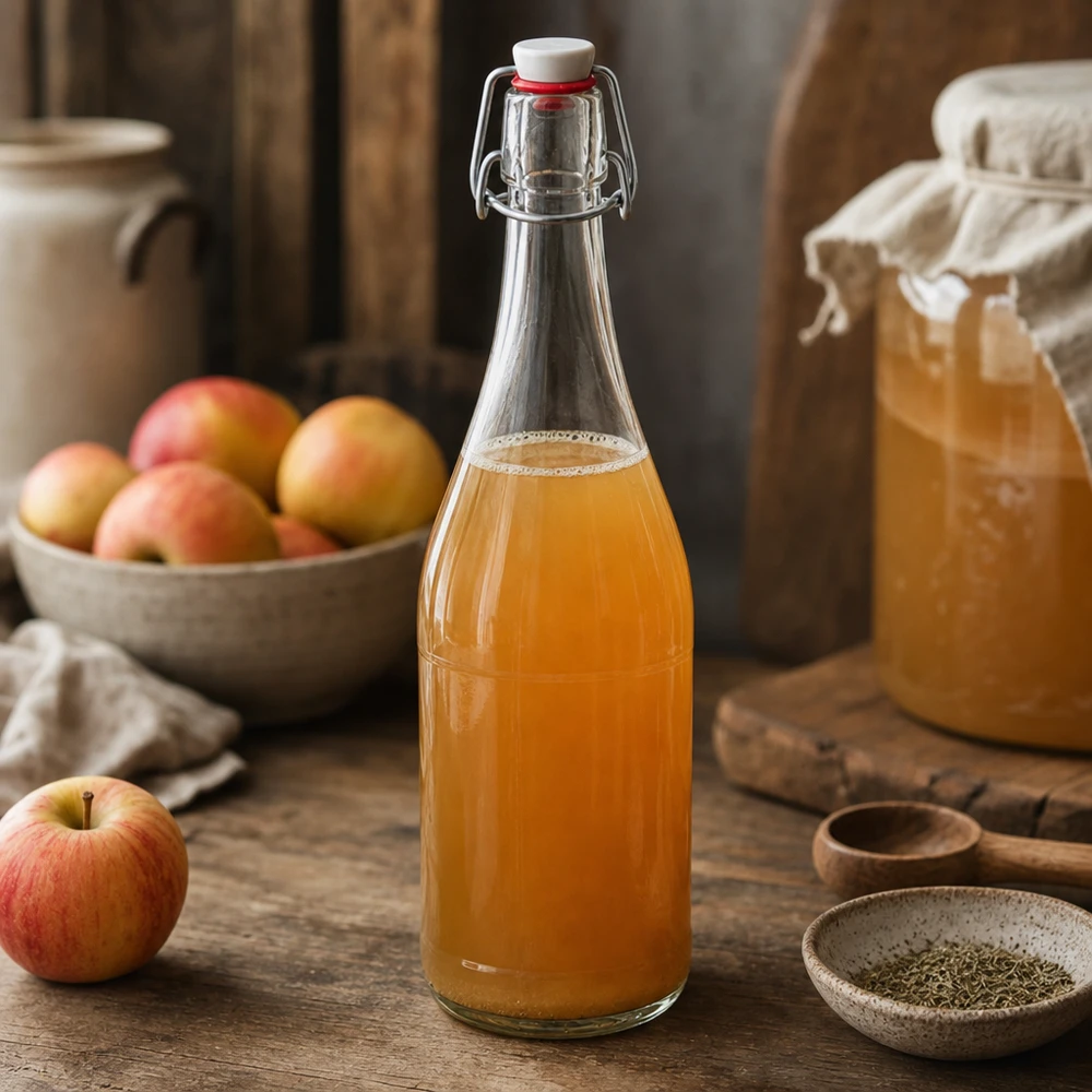 Bottiglia di vetro da 750 ml con tappo oscillante riempita di succo di mela cucina rustica frutta tavolo di legno naturalmente fatto in casa