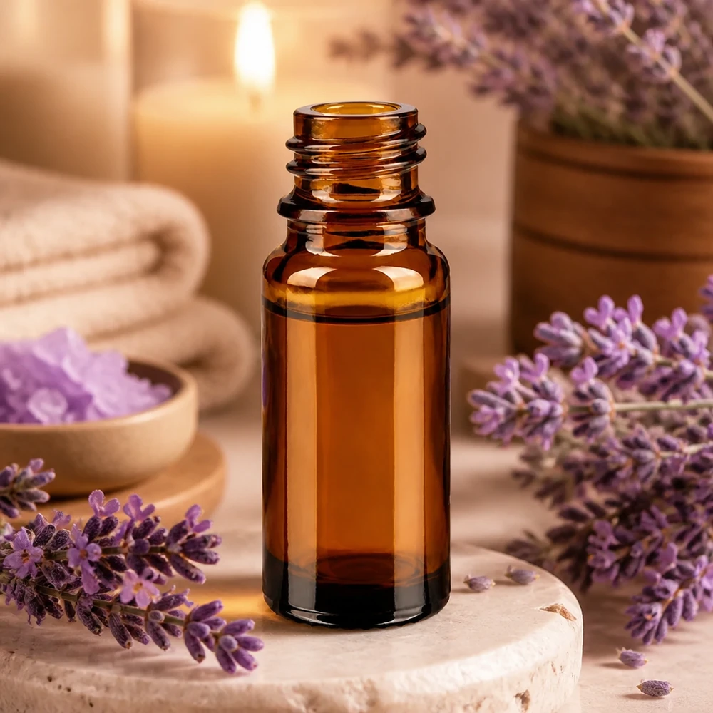 Flacone farmaceutico marrone da 10 ml ApoGlas Flacone marrone ApoGlas da 10 ml con lavanda e accessori per il benessere in un'atmosfera rilassante da spa.