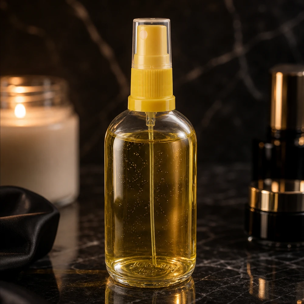 Flacone rotondo ClearLine UT18 da 100 ml con erogatore giallo su fondo nero marmorizzato