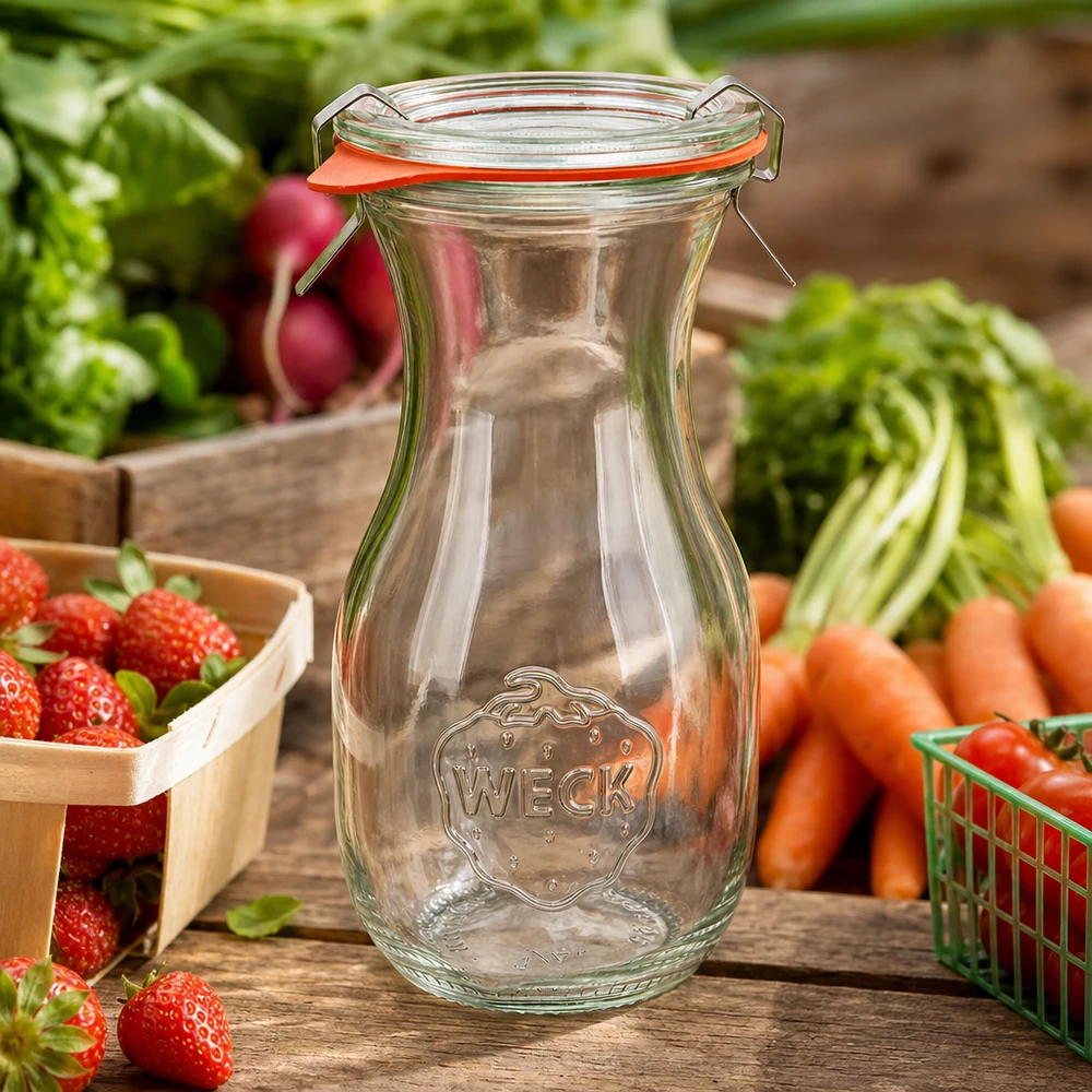 Bottiglia per succhi da 290 ml, set completo WECK RR60 Bottiglia di succo WECK 290ml RR60 vuota con tappo oscillante tra frutta e verdura fresca su un tavolo di legno rustico