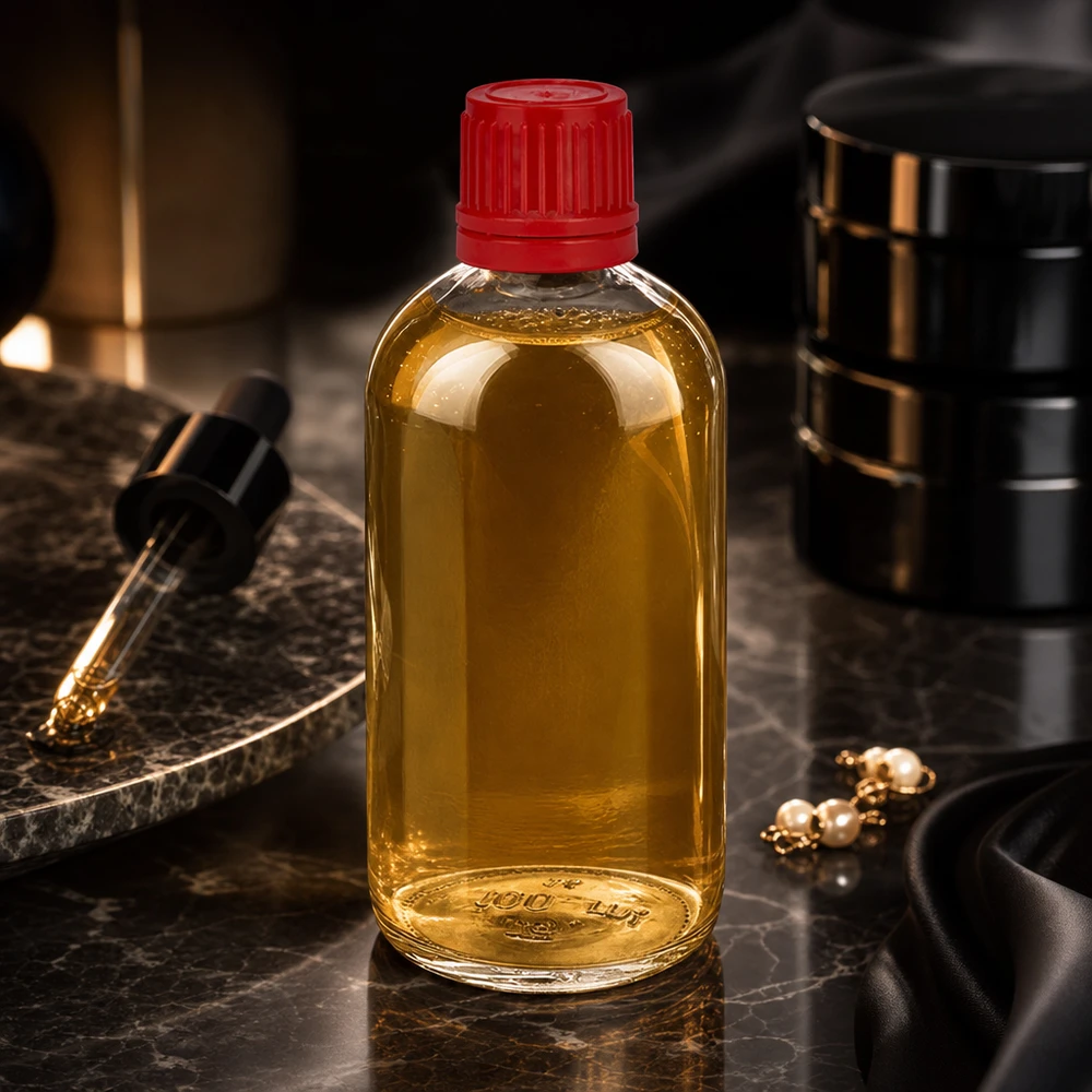 Bottiglia da 100ml 11mm SV rosso OV ClearLine UT18/100 Flacone ClearLine da 100 ml con olio vegetale dorato, etichetta rossa SV e tappo di sicurezza su sfondo marmorizzato