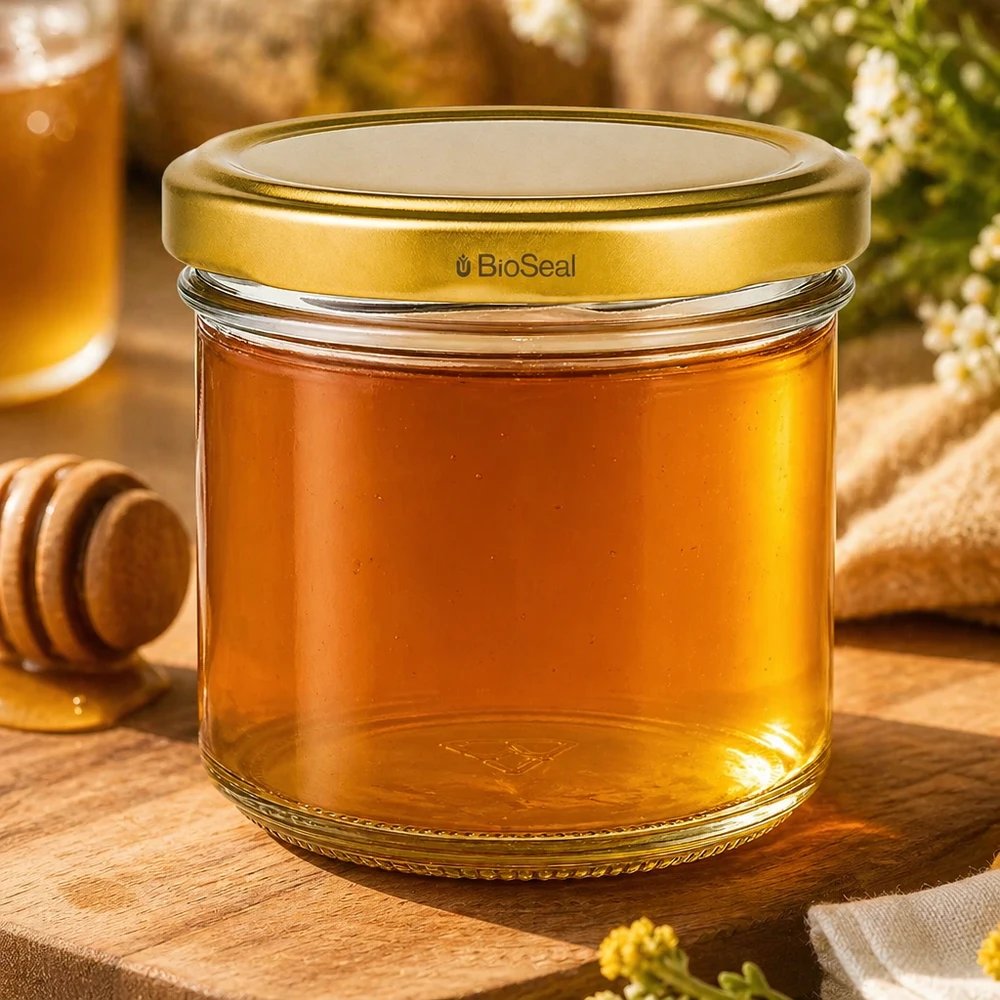Bicchieri UNiTWIST da 125 ml riempiti di miele - coperchio dorato TO66 BioSeal su tavoletta di legno con cucchiaio da miele