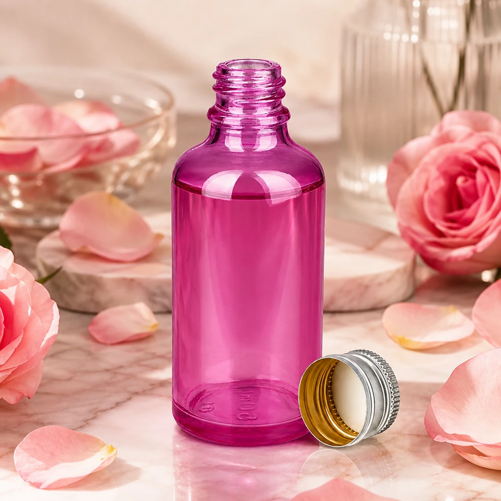 Flacone in vetro di alta qualità da 50 ml viola con tappo in alluminio per prodotti cosmetici professionali