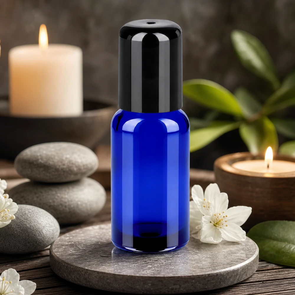 20ml Roll-On Flasche schwarz Standardverschluss BlueLine UT18/20 Elegante Roll-On Flasche 20ml in nachtblau mit schwarzer Rollerball-Kappe STD BlueLine Qualität