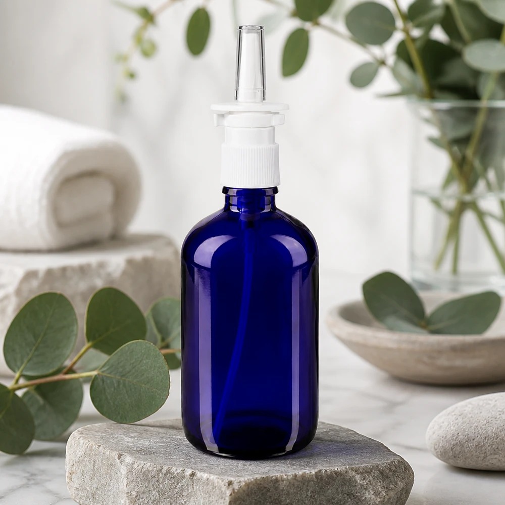 Blaue 100ml Rundflasche aus Apothekerglas mit weißem Nasenspray-Pumpmechanismus