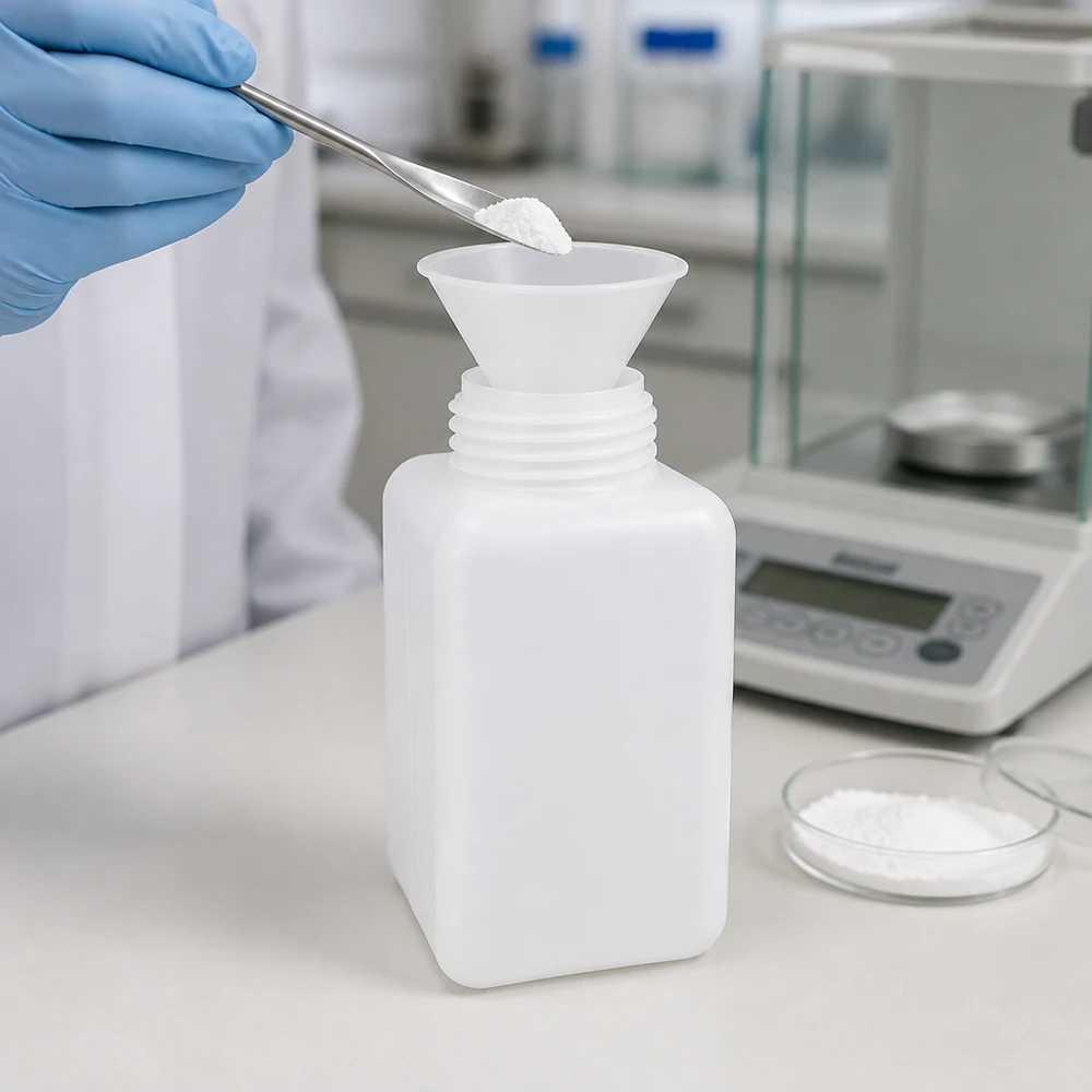 Flacon à produits chimiques 1000 ml à col large, PEHD couleur naturelle, GL 65 Flacon pour produits chimiques 1000 ml à col large en PE-HD, remplissage de poudre, balance d'analyse, boîte de Pétri, laboratoire