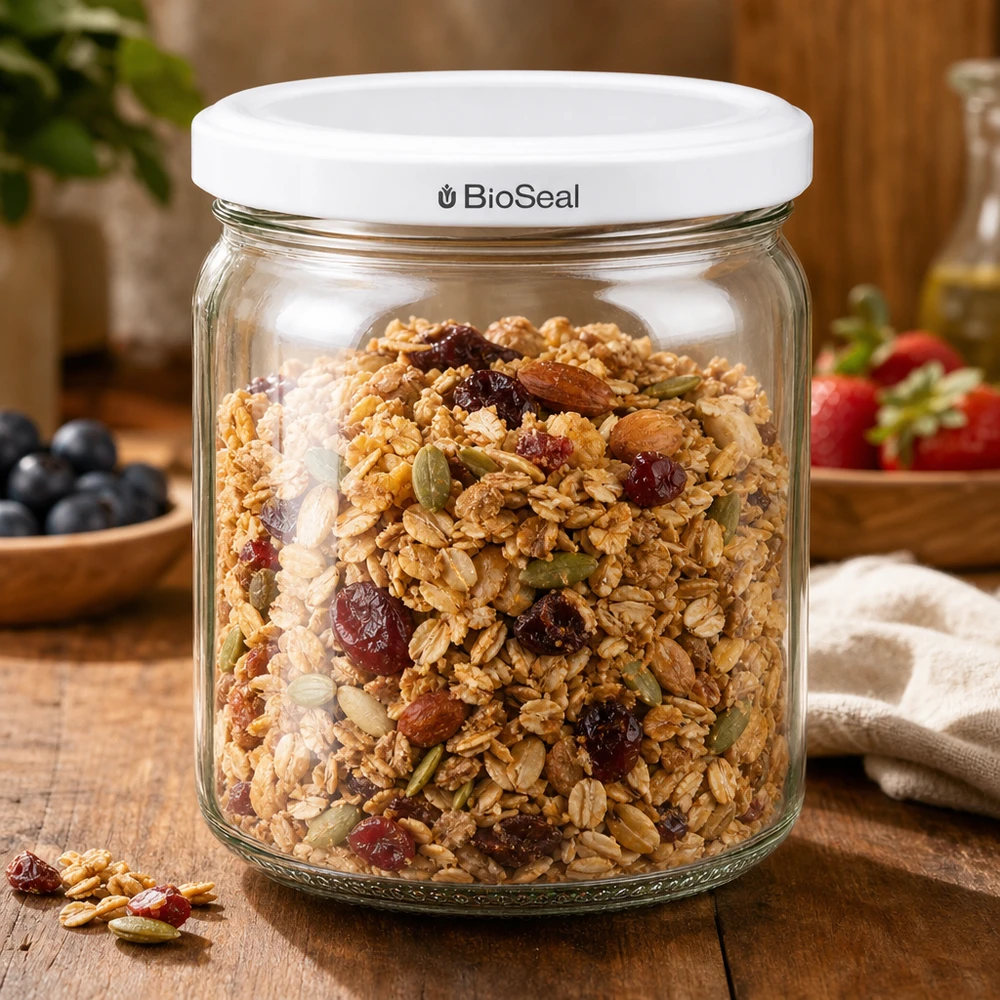 Barattolo UNiTWIST Runda408 pieno di muesli - pratica conservazione degli alimenti con chiusura BioSeal