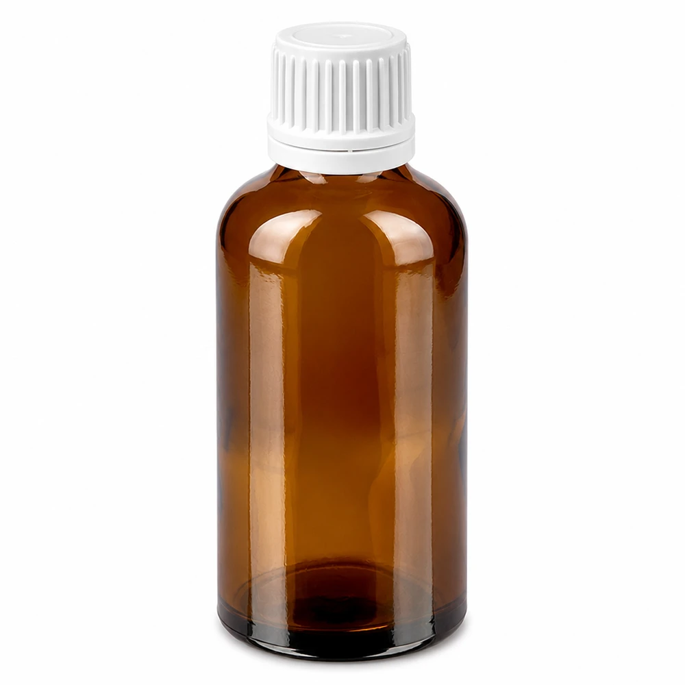 Flacone in vetro ambrato da 50 ml con tappo a vite bianco per medicinali e cosmetici