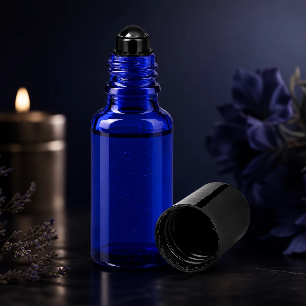 Apothekenflasche blau 20ml Roll-On Verschluss schwarz Dunkelblaue 20ml Flasche aus UV-Schutzglas mit schwarzem Rollaufsatz und Sicherheitsdeckel