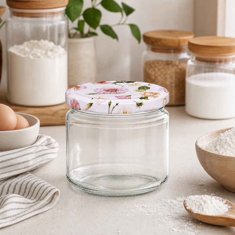 330ml Rundglas + BasicSeal Deckel Blume rosa UNiTWIST 330ml Rundglas leer mit rosa Blüten BasicSeal Deckel in moderner Küche zwischen Vorratsgläsern und Mehl