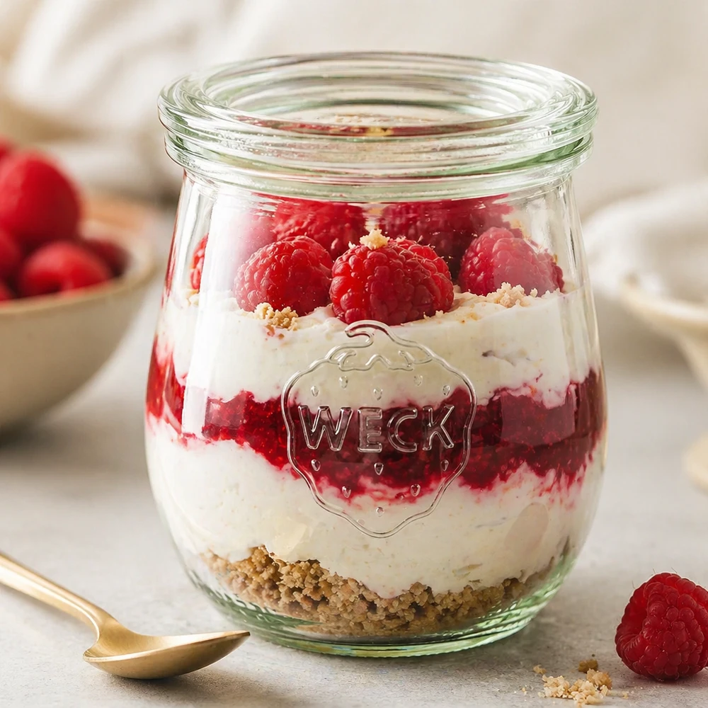 Bocal en forme de tulipe de 220 ml avec couvercle en verre WECK RR60 WECK Tulpenglas 220ml RR60 als Dessertglas mit Himbeeren und Sahne gefüllt neben goldenem Löffel auf Marmortisch